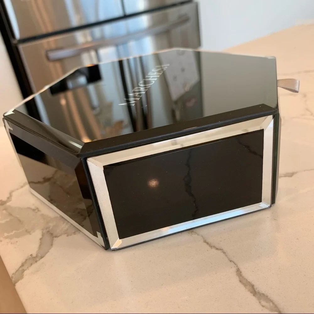 Marchesa Black Hexagon Mirrored Glass Velvet-Lined Jewelry Vanity Trinket Box